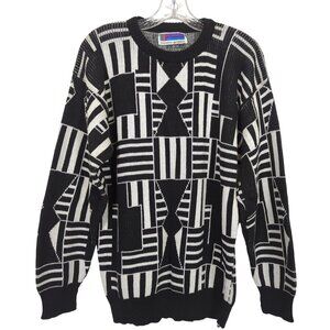 Vintage Sweater Black White Size M Abstract Geometric Cotton Knit Crewneck